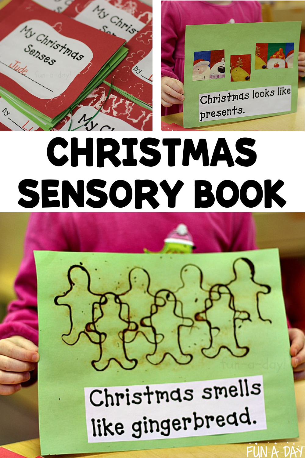 views of homemade Christmas book with text that reads Christmas sensory book