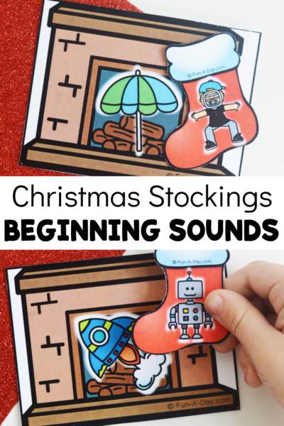 phonemic awareness picture cards with text that reads christmas stockings beginning sounds