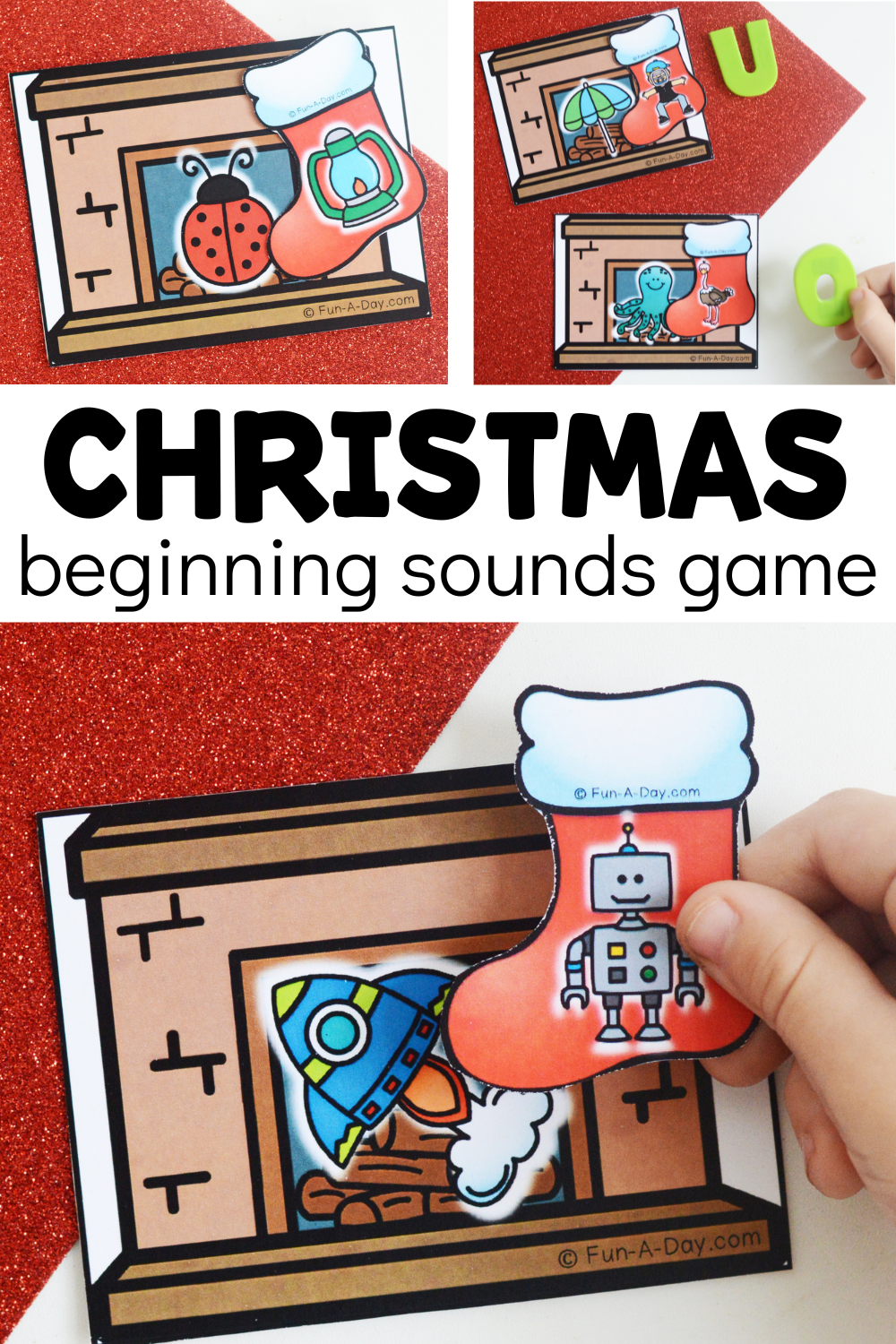 multiple views of matching printable with text that reads christmas beginning sounds game