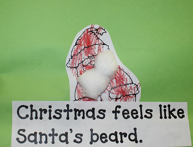 child-made page from five senses book that reads christmas feels like Santa's beard