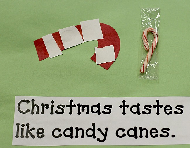 page from a child's DIY sensory book that reads christmas tastes like candy canes
