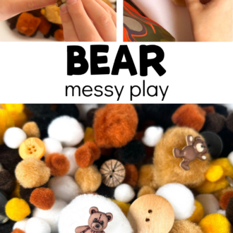 collage of pompom sensory bin with text that reads bear messy play