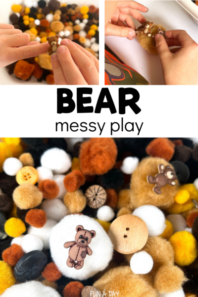 collage of pompom sensory bin with text that reads bear messy play