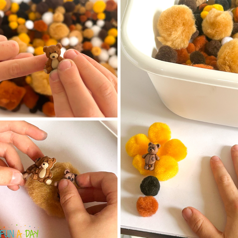 collage of child playing with items in bear messy sensory bin