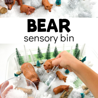 Child playing with fake snow and toys with text that reads bear sensory bin