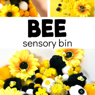 Multiple views of a simple sensory tub with text that reads bee sensory bin