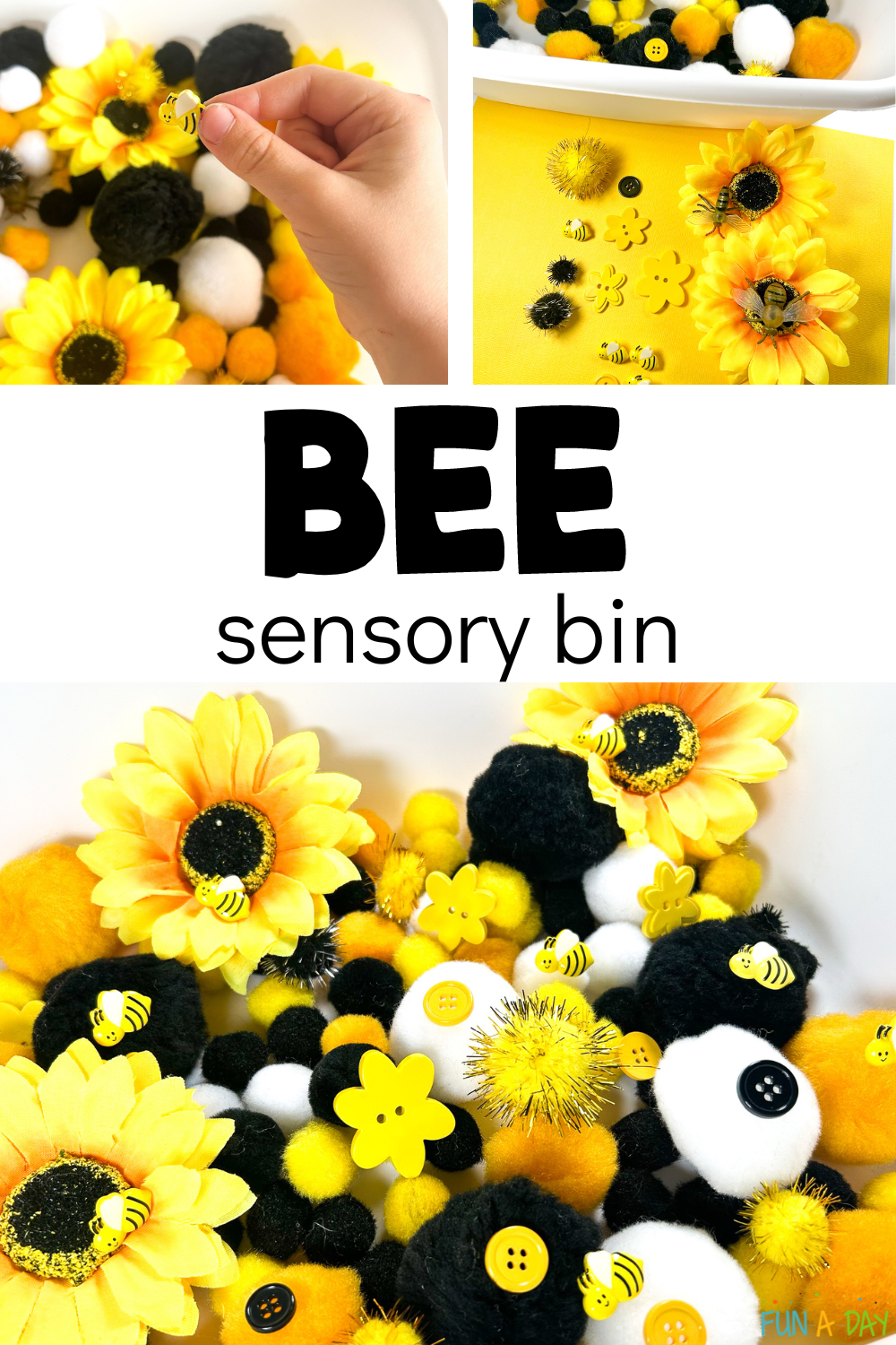 Multiple views of a simple sensory tub with text that reads bee sensory bin