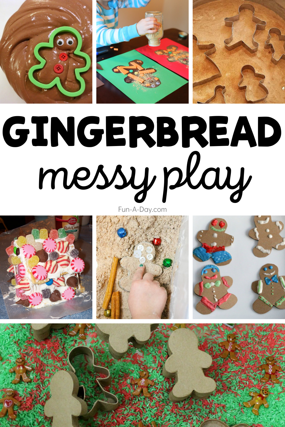 collage of gingerbread activities with text that reads gingerbread messy play
