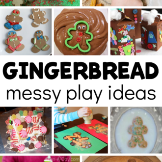 gingerbread man activities with text that reads gingerbread messy play ideas