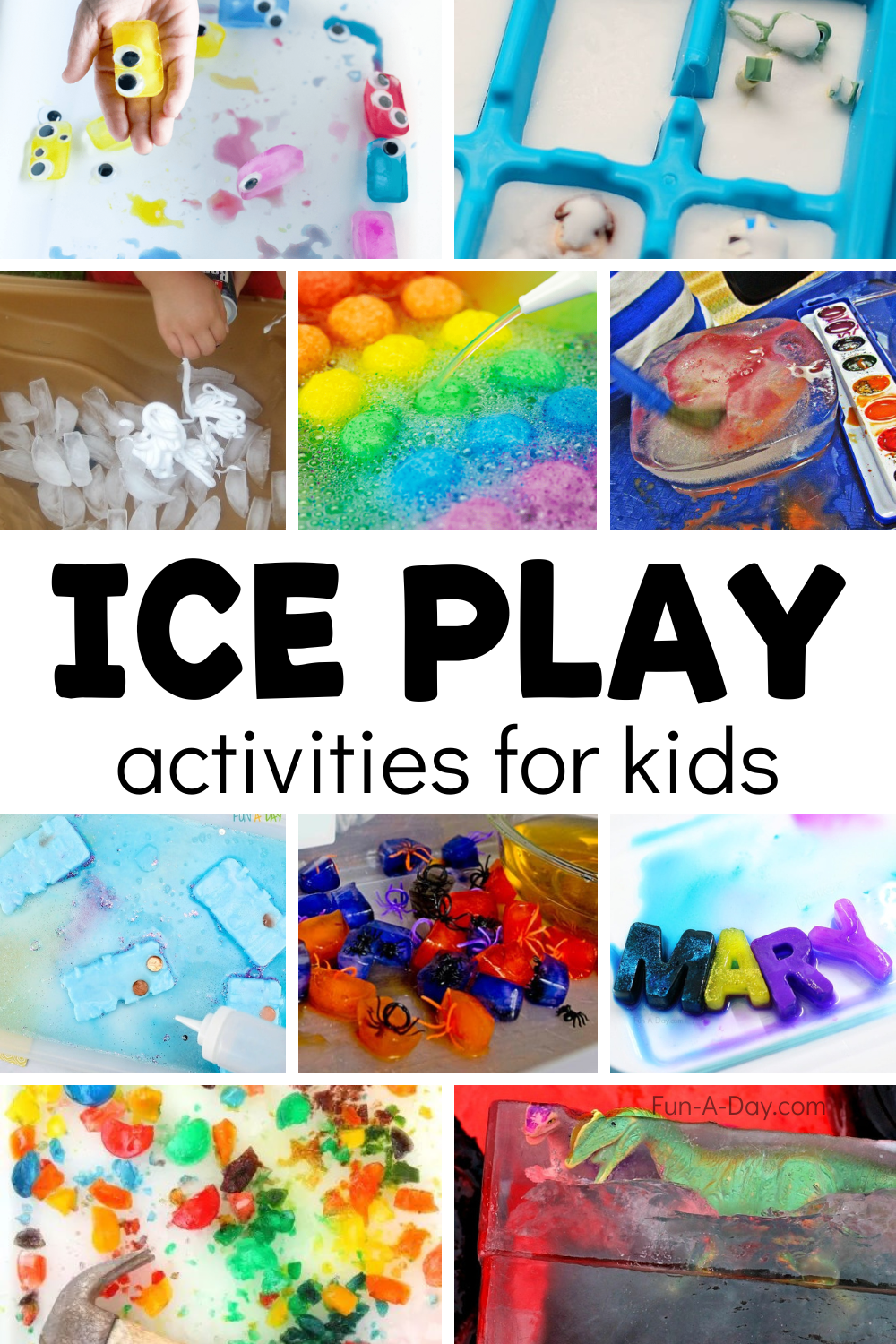 messy play ideas with text that reads ice play activities for kids