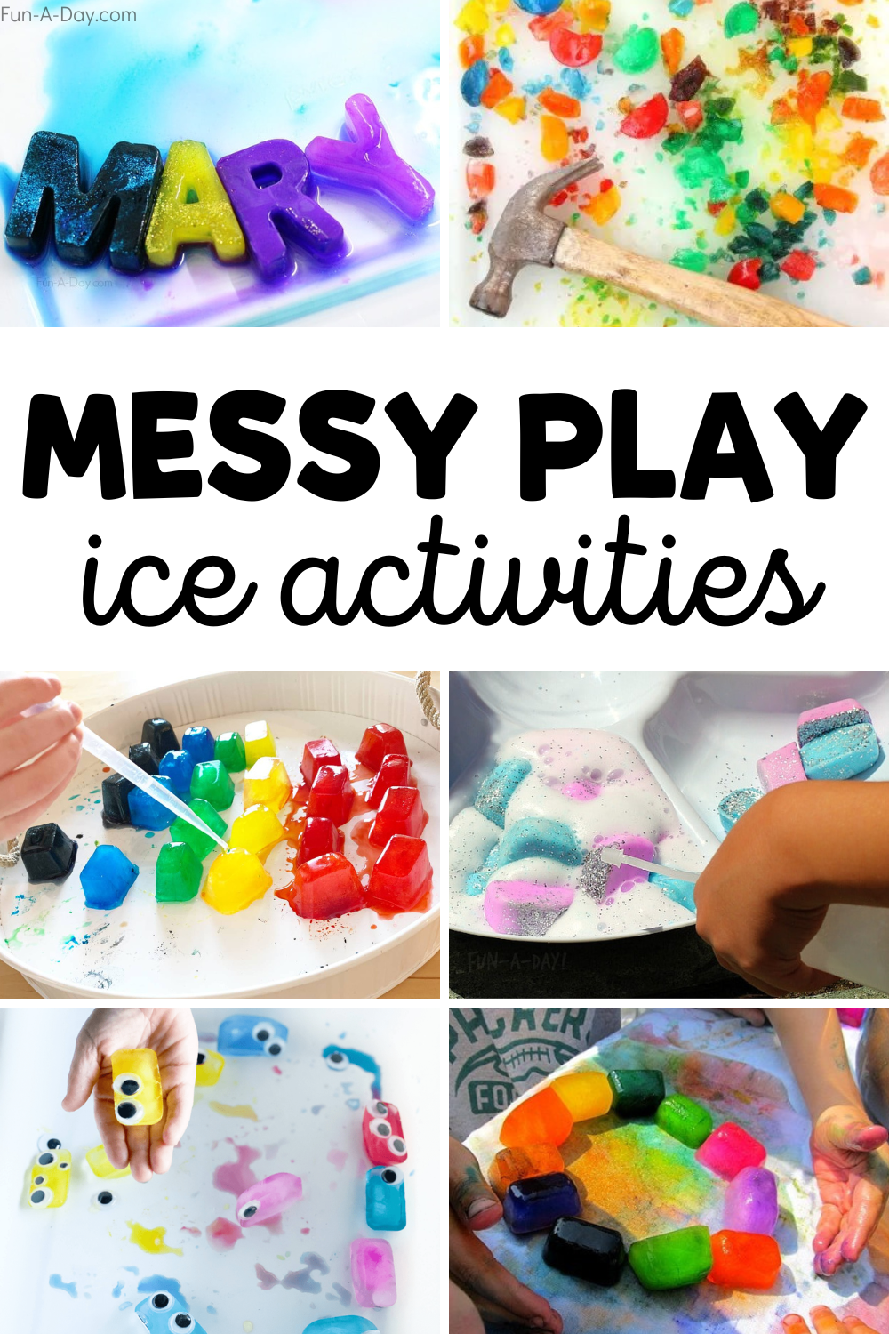 ice play ideas with text that reads messy play ice activities
