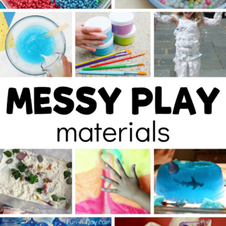messy activities for kids with text that reads messy play materials