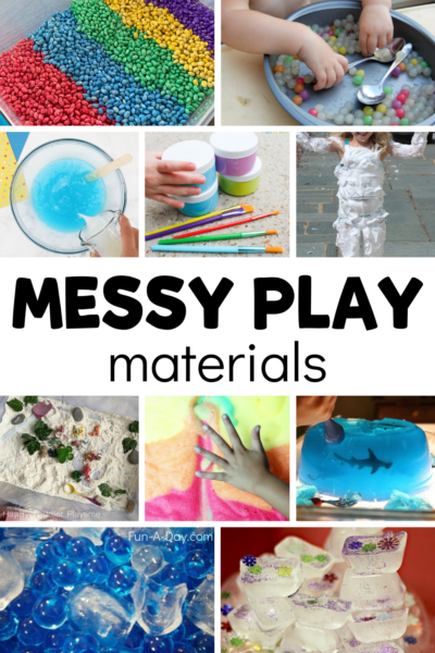 messy activities for kids with text that reads messy play materials