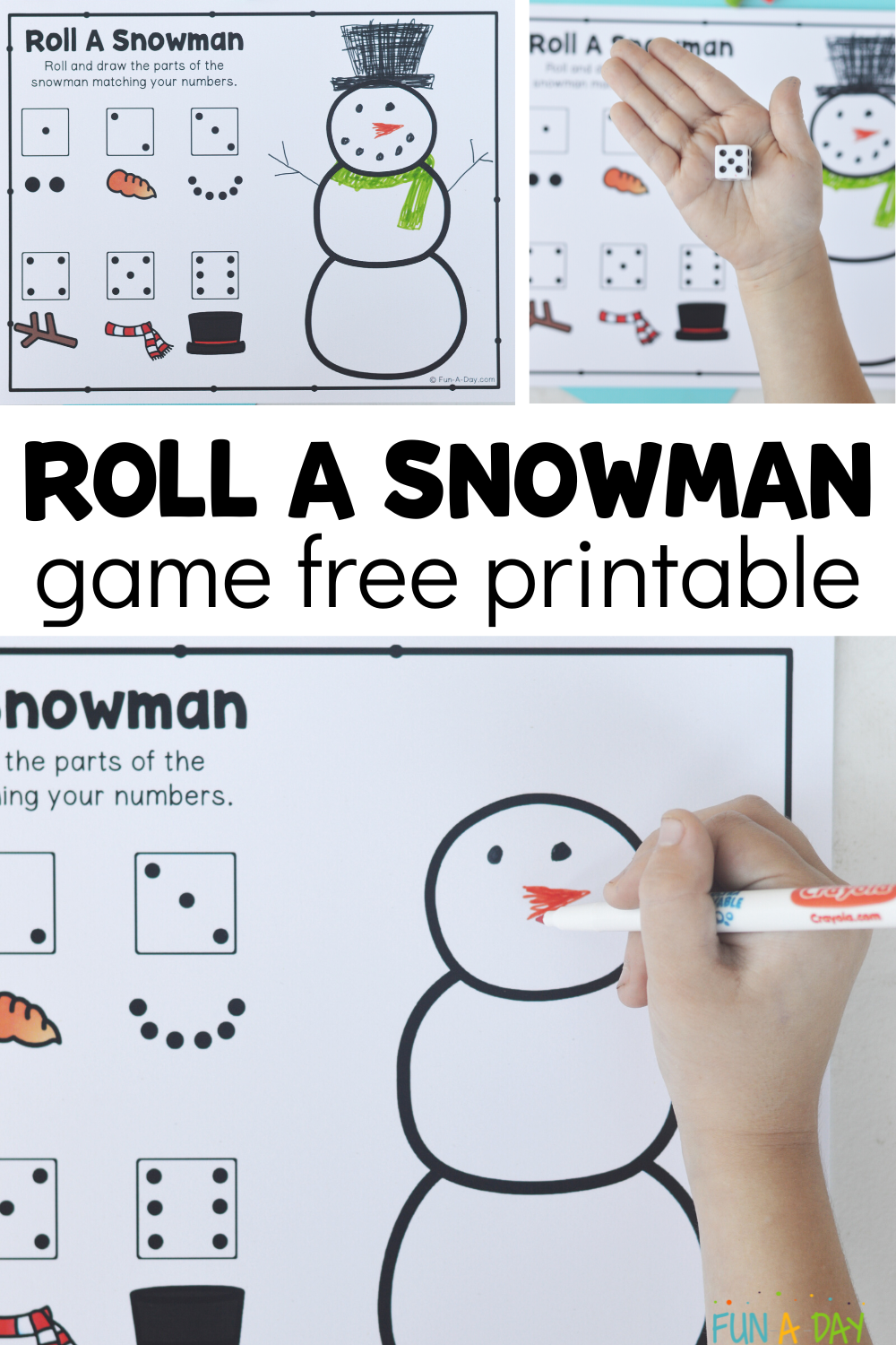 collage of printable winter game for kids with text that reads roll a snowman game free printable