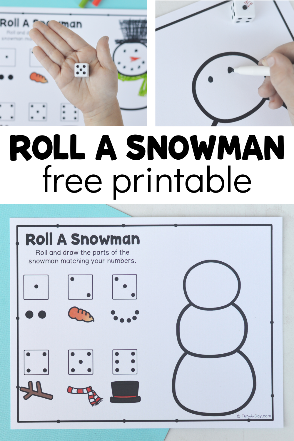 winter printable game with text that reads roll a snowman free printable