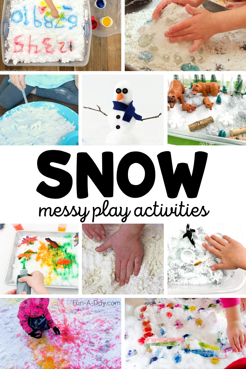 snow ideas with text that reads snow messy play activities