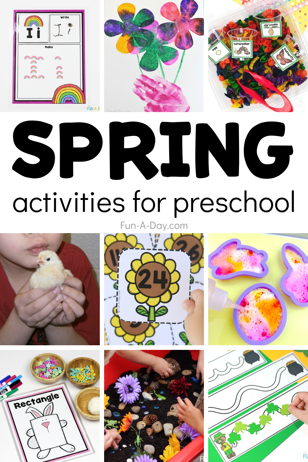 collection of ideas with text that reads spring activities for preschool