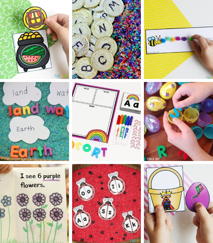 collage of spring activities for preschoolers focused on literacy