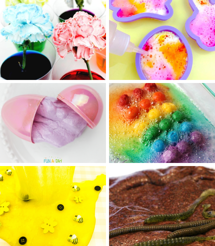 collage of preschool science activities for spring