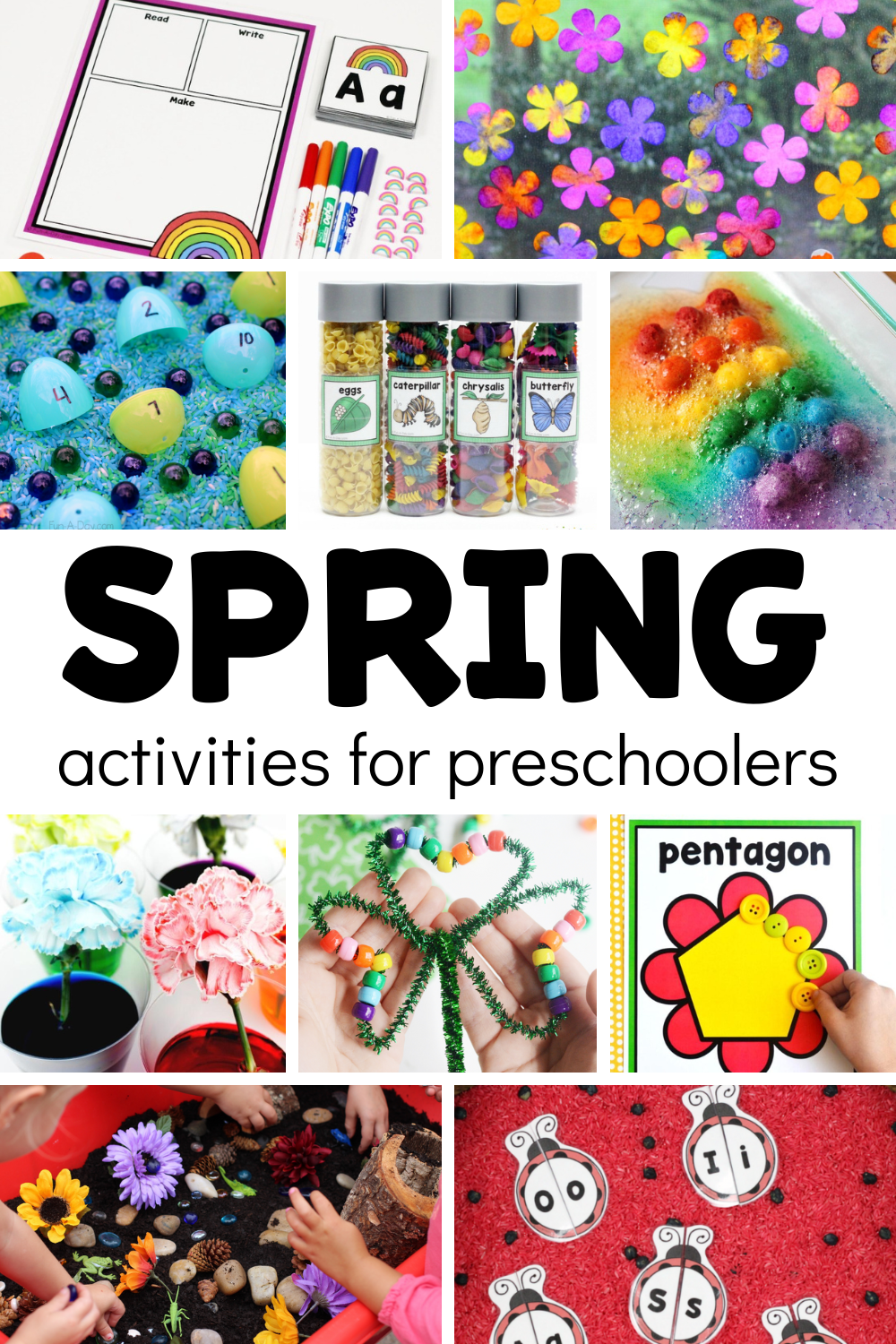 Hands-on preschool ideas with text that reads spring activities for preschoolers