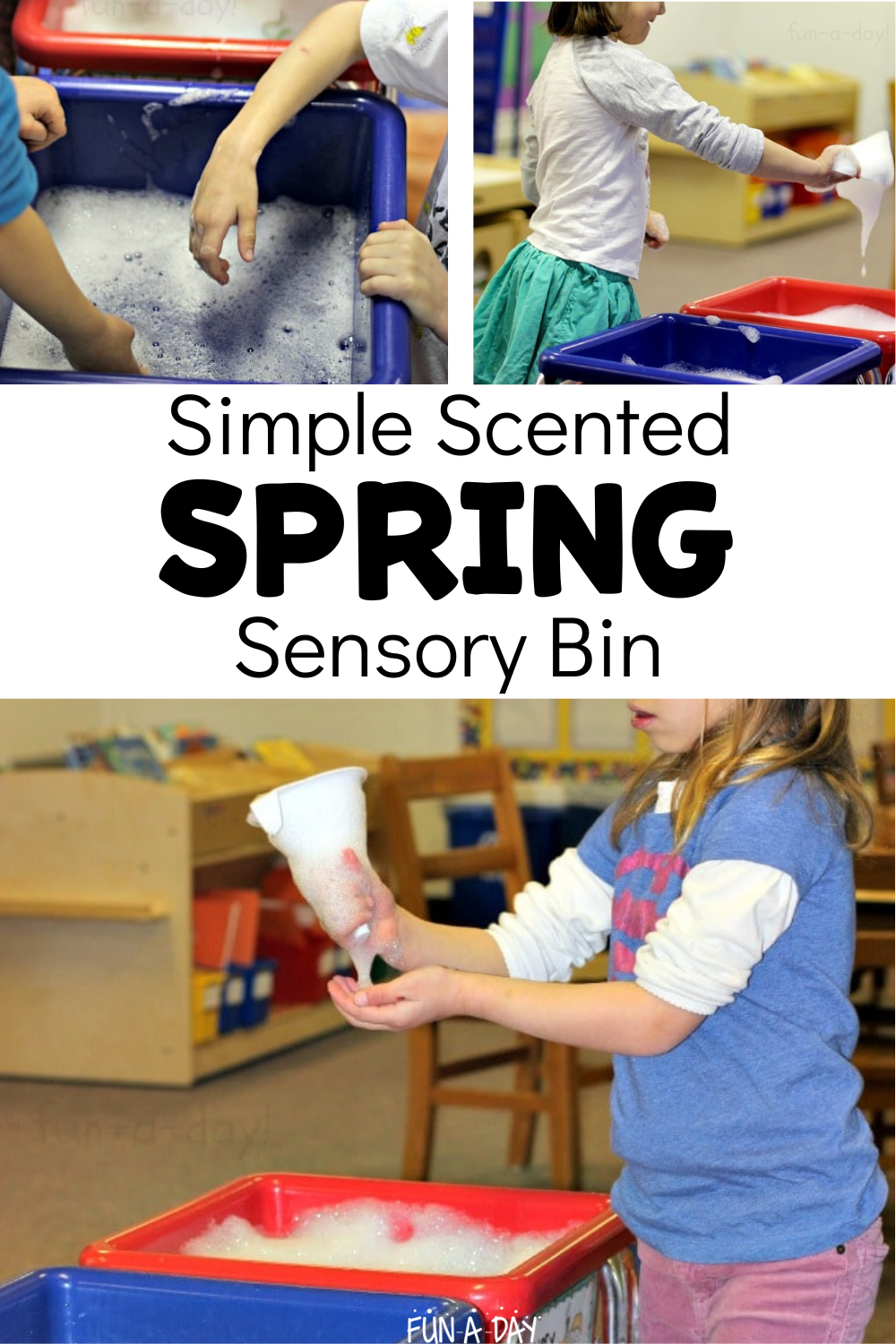 Preschoolers playing in soapy water with text that reads simple scented spring sensory bin
