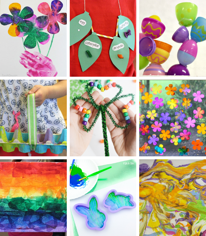 collage of spring art and crafts for preschoolers