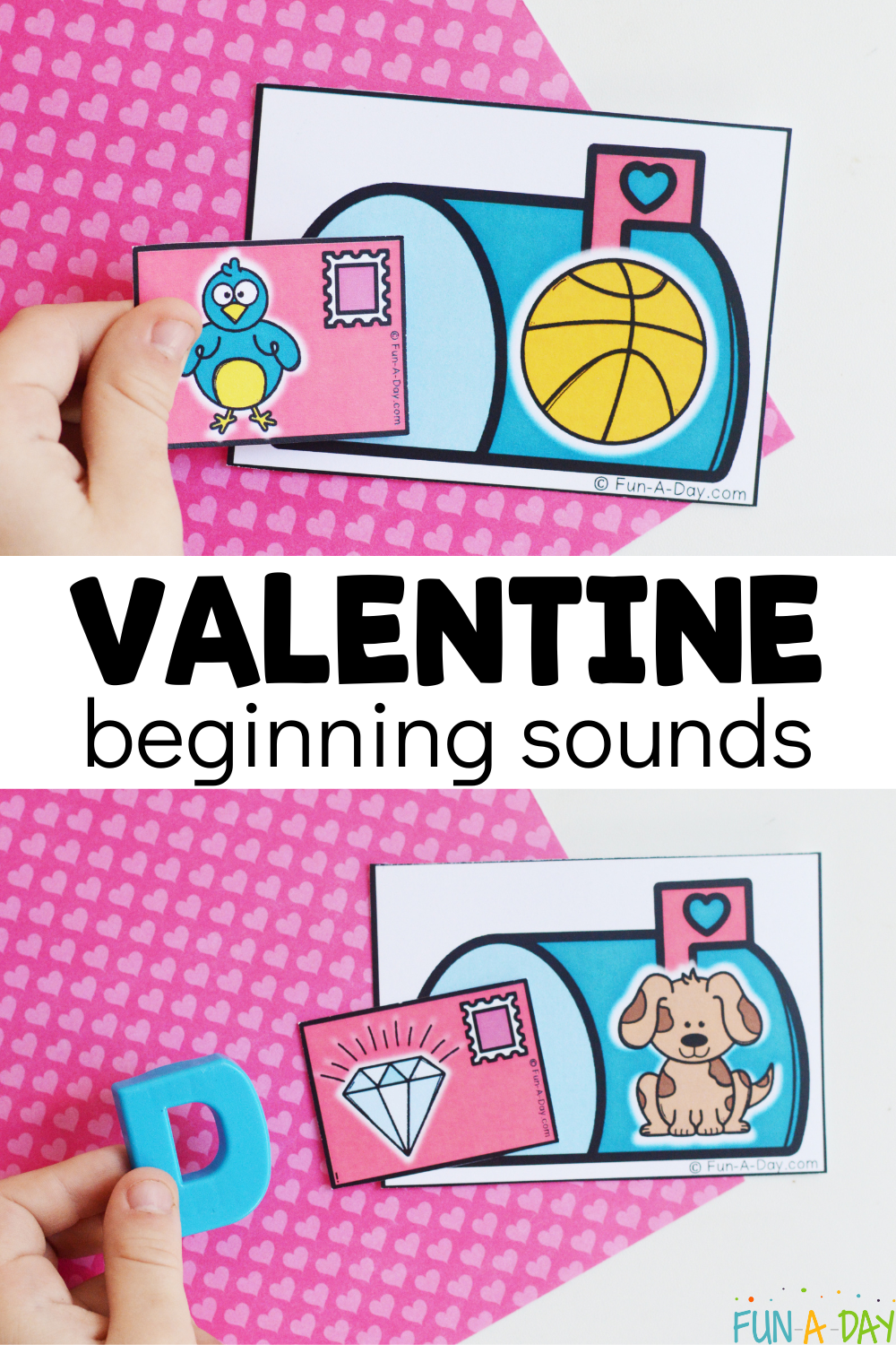 child using initial sounds matching game with text that reads valentine beginning sounds