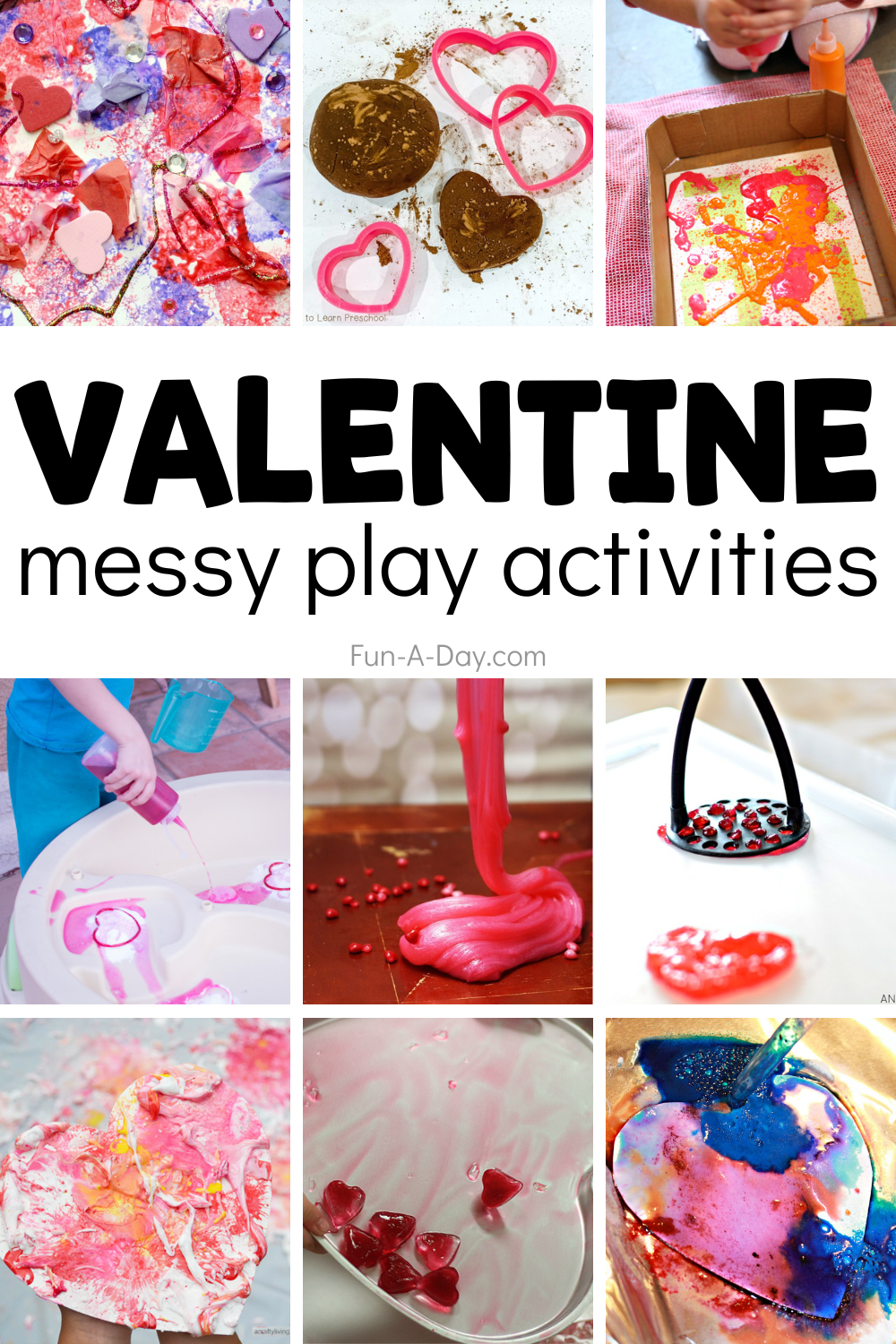 collage of messy play ideas with text that reads valentine messy play activities