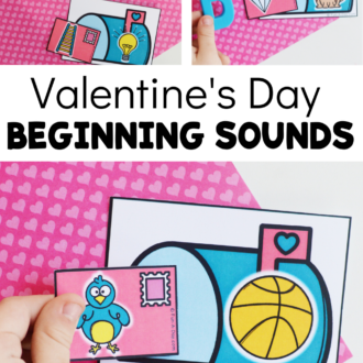 Child matching phonemic awareness picture cards with text that reads valentine's day beginning sounds