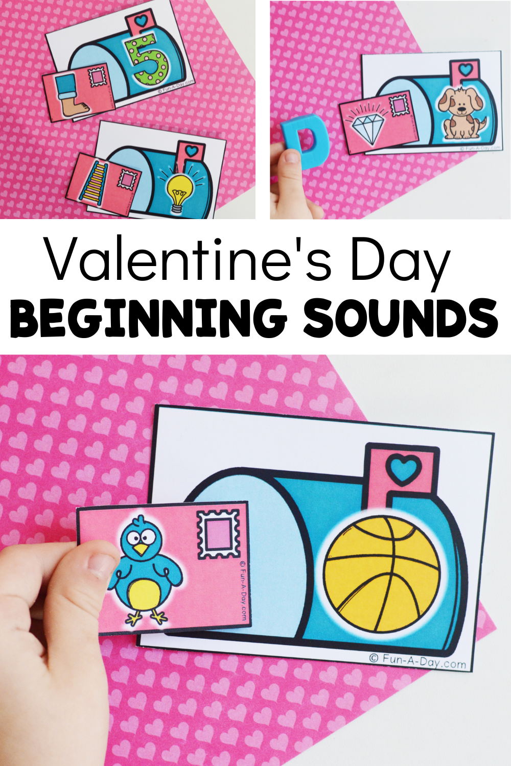 Child matching phonemic awareness picture cards with text that reads valentine's day beginning sounds