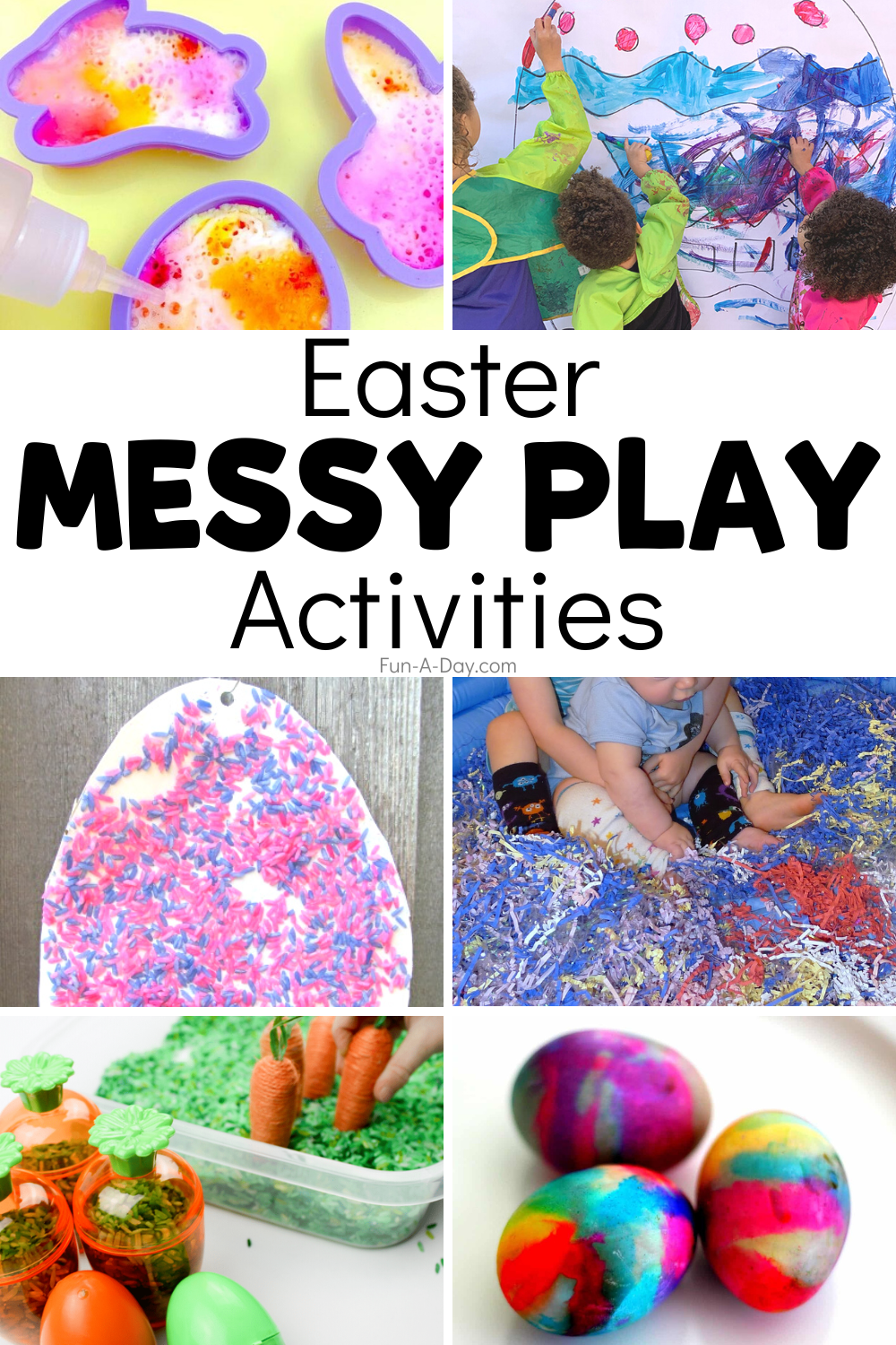 collection of kids' play ideas with text that reads easter messy play activities