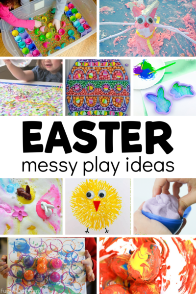 collage of spring activities with text that reads easter messy play ideas