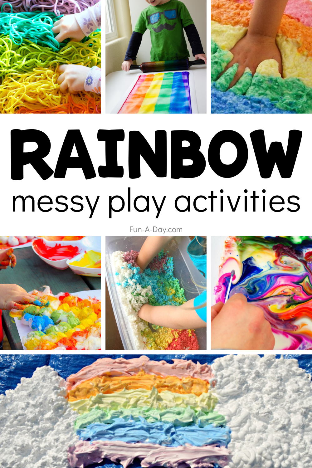 colorful kids' ideas with text that reads rainbow messy play activities