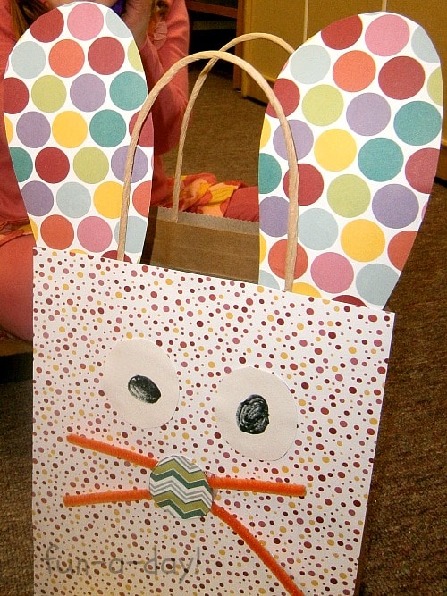 bunny bag craft made with colorful paper in preschool