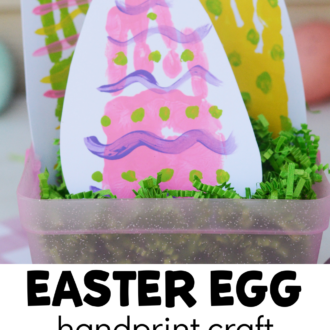 3 child-made hand print eggs in a basket with text that reads easter egg handprint craft