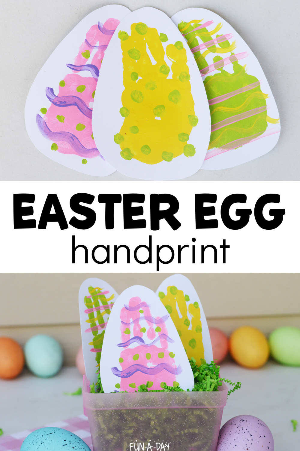 Easter art for kids with text that reads easter egg handprint