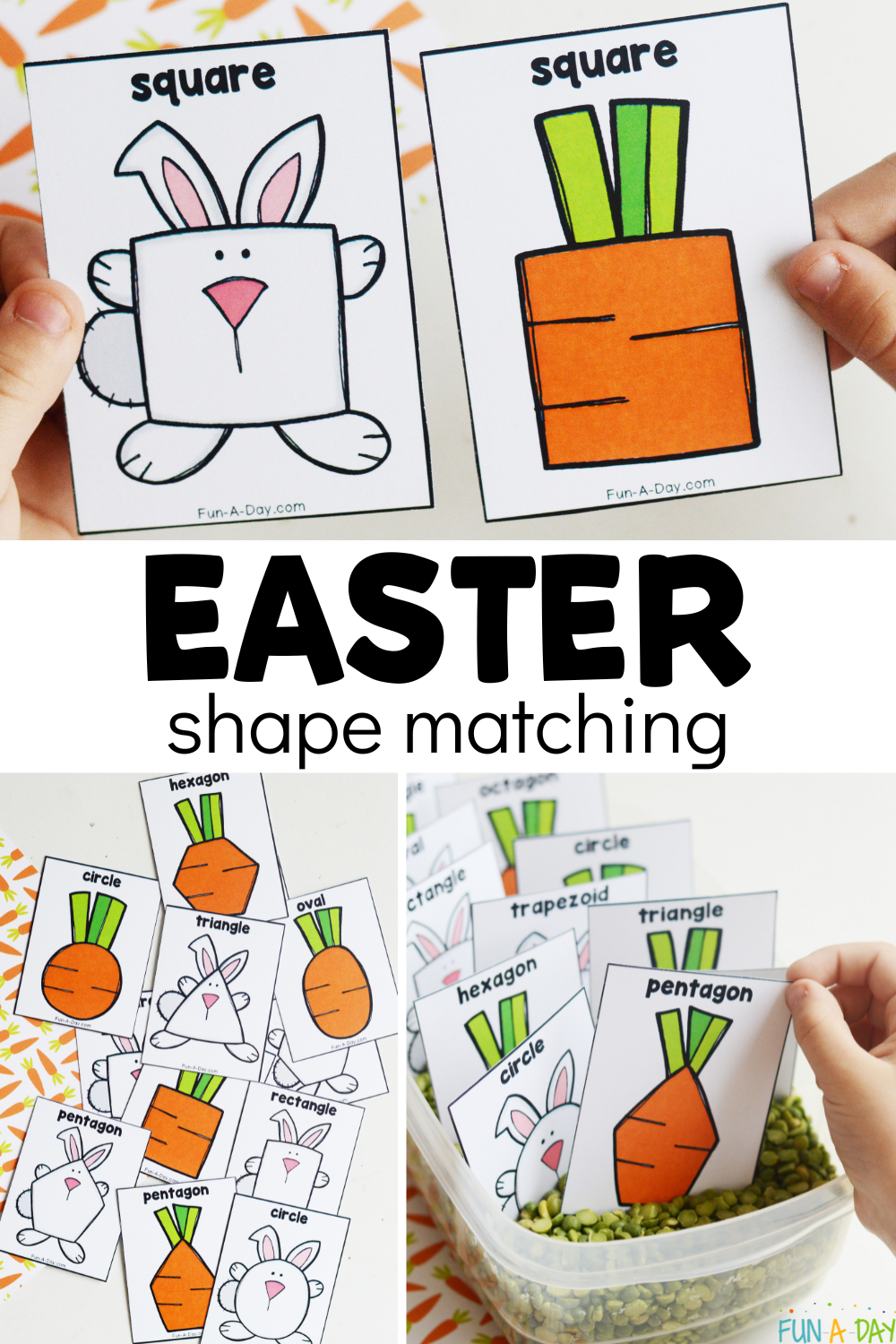 bunny and carrot shape cards with text that reads easter shape matching