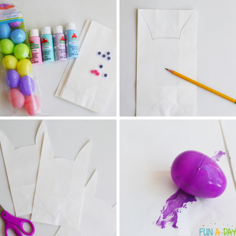 steps that show how to make easter bunny bags with kids