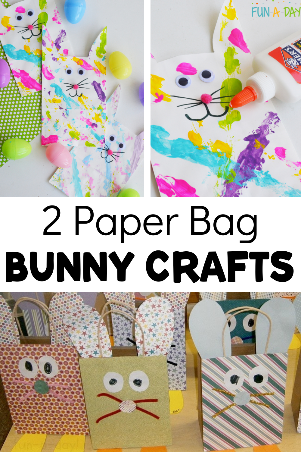 Easter bunny bags with text that reads 2 paper bag bunny crafts