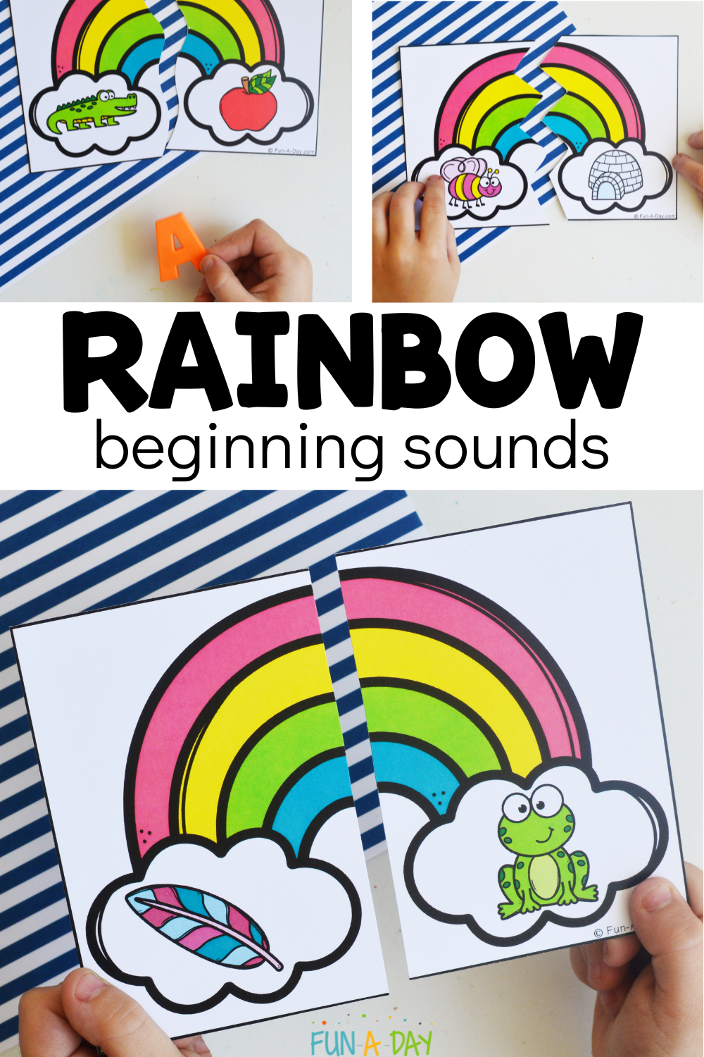 child assembling phonemic awareness puzzles with text that reads rainbow beginning sounds