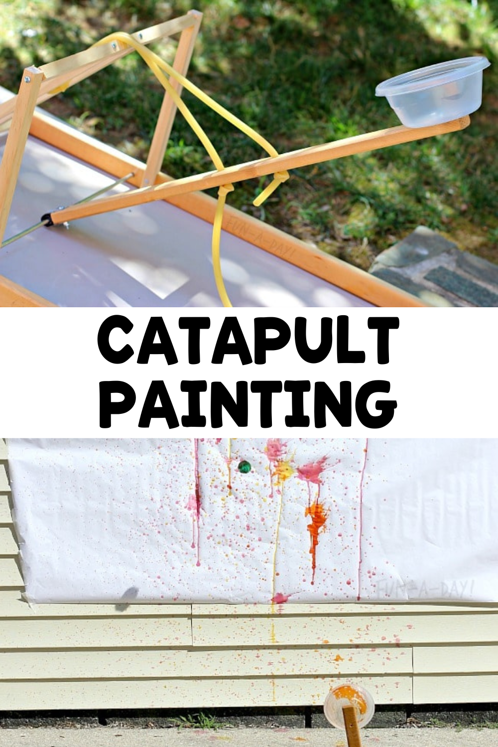 Homemade catapult in action to make art with text that reads catapult painting