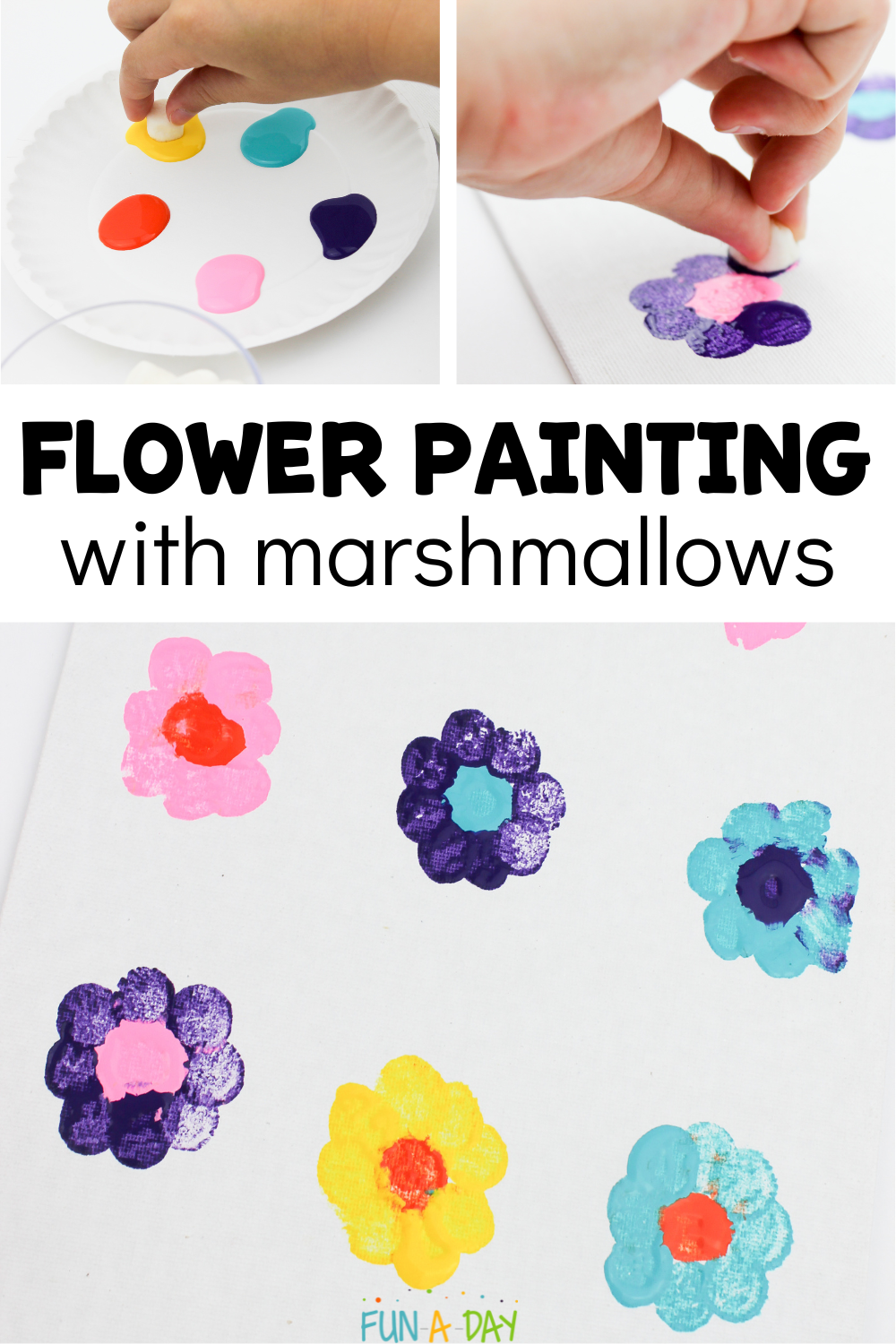 child using mini marshmallows to paint flowers, with text that reads flower painting with marshmallows