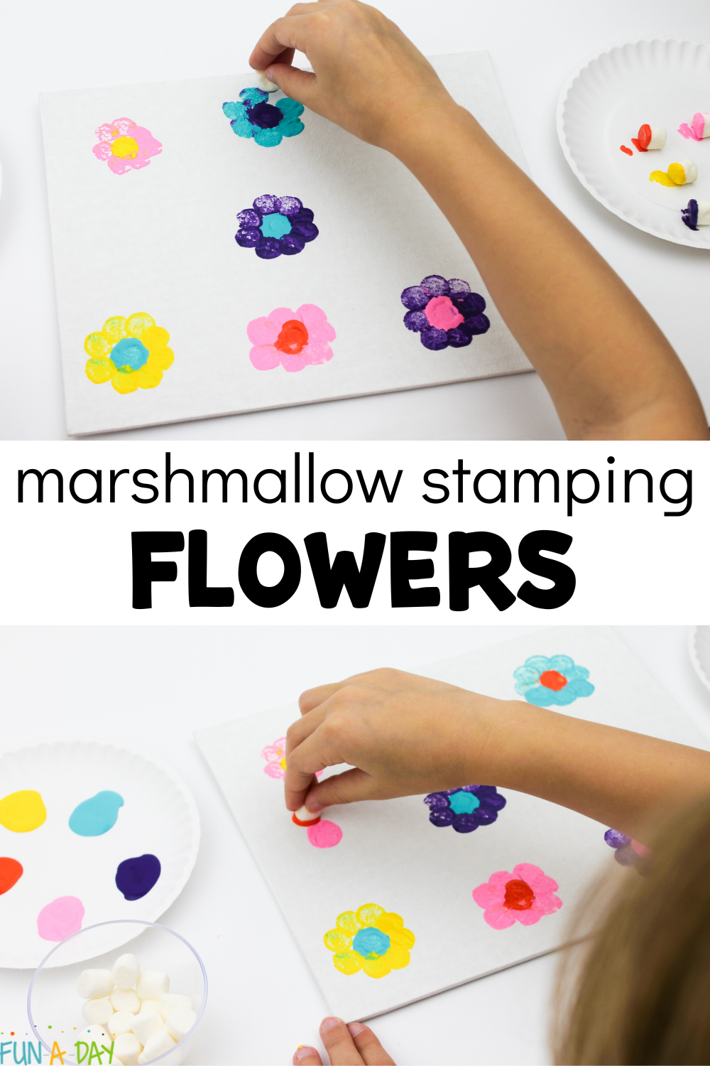 child painting flowers with marshmallows, with text that reads marshmallow stamping flowers