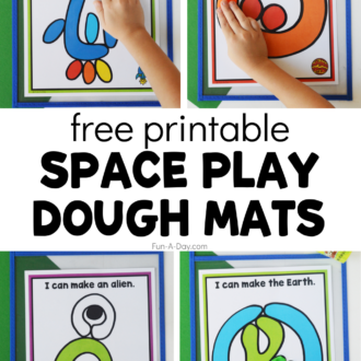 preschoolers using spaceship, planet, alien, and earth playdough mats with text that reads free printable space play dough mats