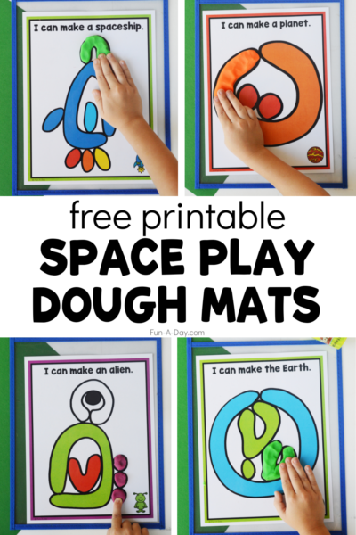 preschoolers using spaceship, planet, alien, and earth playdough mats with text that reads free printable space play dough mats