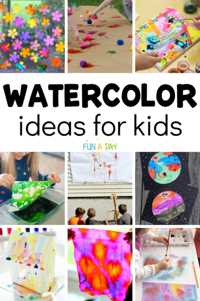 multiple art activities with text that reads watercolor ideas for kids