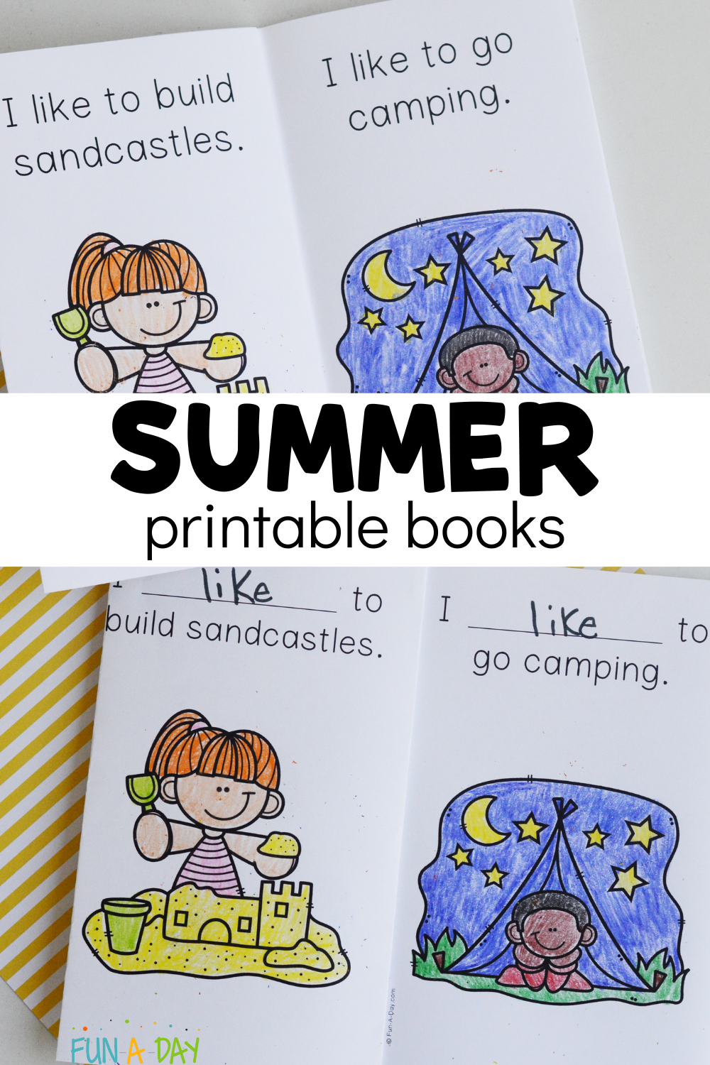 two versions of emergent reader with text that reads summer printable books