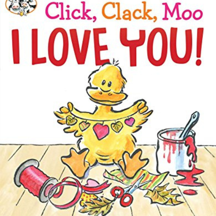 Cover art from Click Clack Moo I Love You storybook. Illustration of a duck creating valentine art.