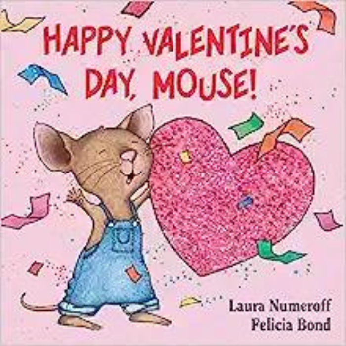 Happy Valentine's Day Mouse storybook cover. Illustration of mouse with heart and confetti.