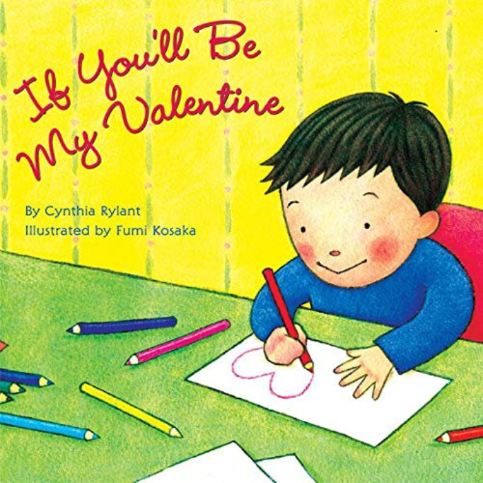 If You'll Be My Valentine storybook cover. Illustration of young child creating valentine's day art.